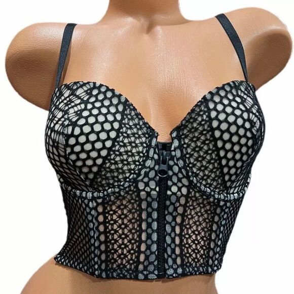 Victoria’s Secret Longline Lightly Lined Demi Fishnet Zip Up Bra Black / Beige - Picture 1 of 3